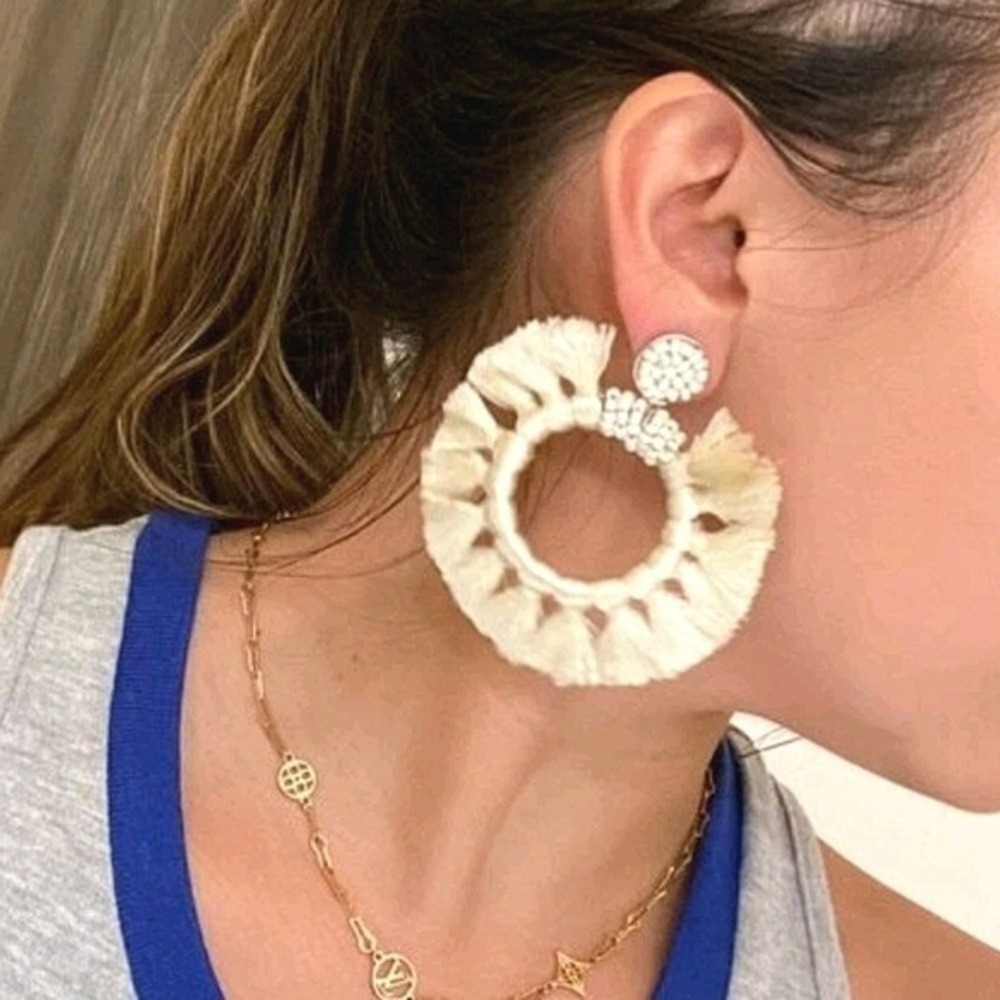 Beaded statement Hoop Earrings Tassel Fringe Ivory Oversized Festival Boho  💖